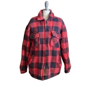 VTG Vanderbilt Sherpa Lined Plaid Jacket Mens XL Red Black Zip Workwear